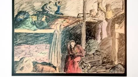 Helga Weissovás bild av hur sovsalarna i lägret städas inför en inspektion av Röda Korset.