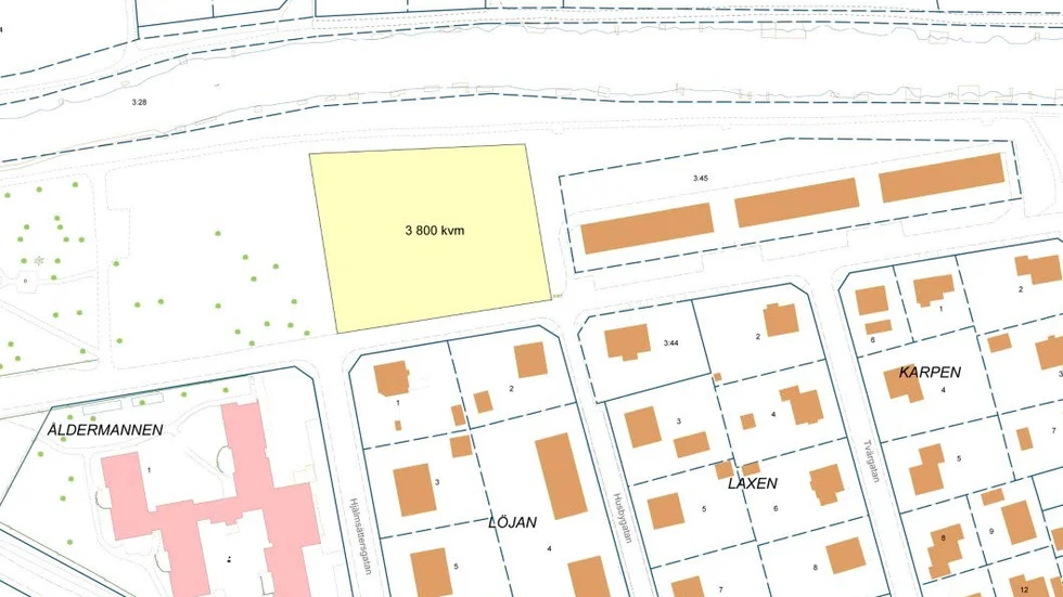 Bostadsplaner. Den gula ytan direkt väster om Vimman är det område där man nu vill bygga. Parkmarken längre västerut ska inte bebyggas.