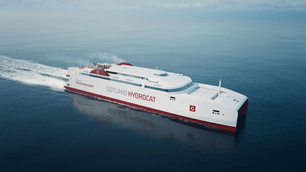 Gotlandsbolagets nya katamaran Gotland Hydrocat. Bolaget hoppas ha fartyget i trafik från år 2030. 