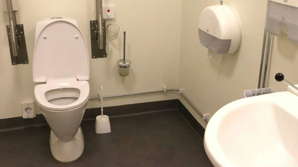 Skribenten, som jobbar  som personlig assistent, hittar ofta fel på handikapptoaletter i offentlig miljö. Här ett typexempel på när en funktionsnedsatt omöjligt kan nå toalettpappret.