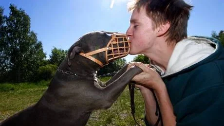 Det blev ett kärt återseende när Robin Holmlund i går hämtade hem sin hund Shiva. - Jag var helt inställd på att hon skulle avlivas, så det är klart att jag är glad. Men nu ska jag gå privatkurs med henne i bland annat lydnad här på Norrköpings hundcenter, säger han. Foto: Niclas Sandberg