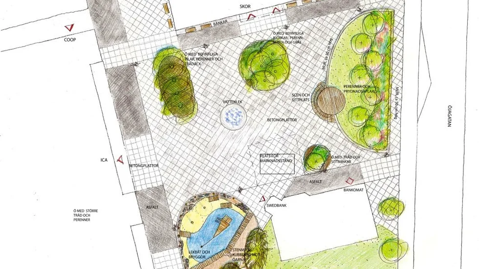 Ursprungsskiss. Skissen för Öjeby torg innefattar bland annat lekytor, sittvänliga planteringsytor och ny plattsättning. (Arkivbild)