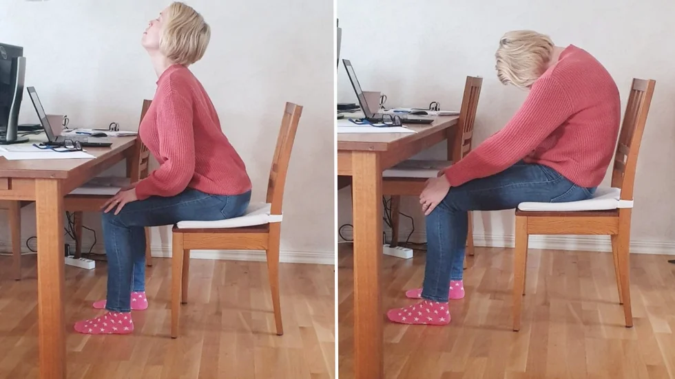 Pausövning: Sitt på stolskanten. Dra framsidan av bröstet framåt på inandning, dra bakåt så det sträcker mellan skulderbladen på utandning. ”Lirka” igenom hela ryggraden och låt andetaget guida.