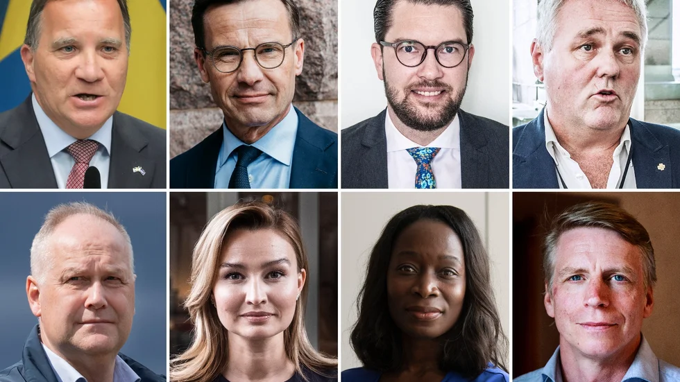De deltar i partiledardebatten: Stefan Löfven (S), Ulf Kristersson (M), Jimmie Åkesson (SD), Anders W Jonsson (C), Jonas Sjöstedt (V), Ebba Busch (KD), Nyamko Sabuni (L) och Per Bolund (MP).
