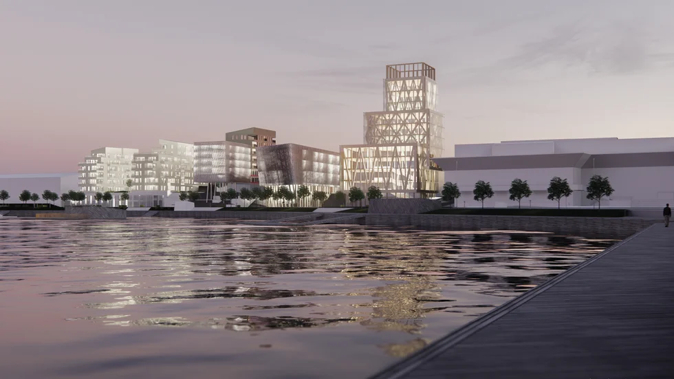 Här är Diös förslag för kvarteret Bävern, där  brandstationen ligger i dag. Förslaget innehåller hotell, bostäder, affärer, torg och ett expocenter. Enligt kommunalrådet Lenita Ericson är det fortfarande en öppen fråga om vilka fastighetsbolag som ska få exploatera Luleås hetaste tomt. 