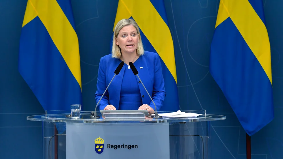 Finansminister Magdalena Andersson (S) under en av många pressträffar.
