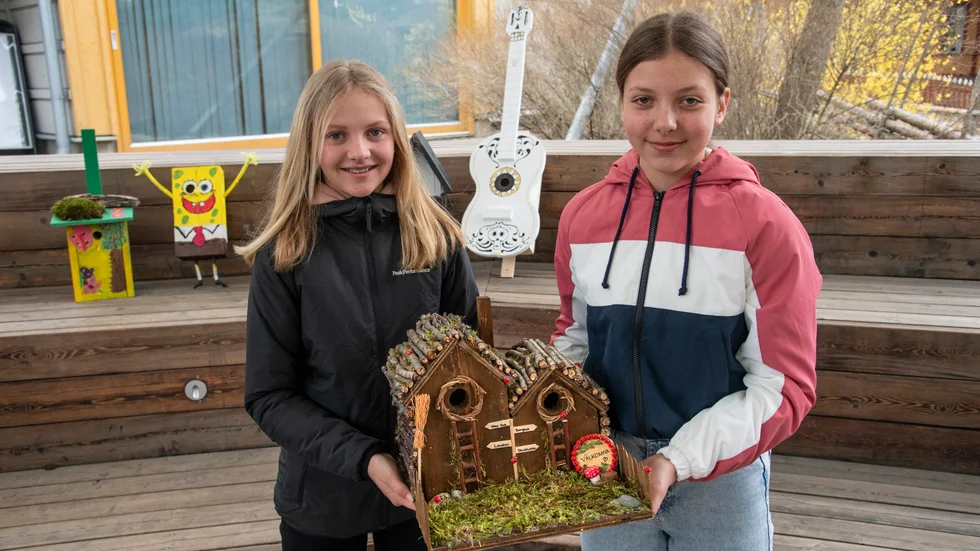 Ebba och Mathilda från Västerhaninge Montessoriskola klass 6 visar upp klassens holk "Timmerholken", som vann ett av gulden i årets fågelholk-SM. Arkivbild.