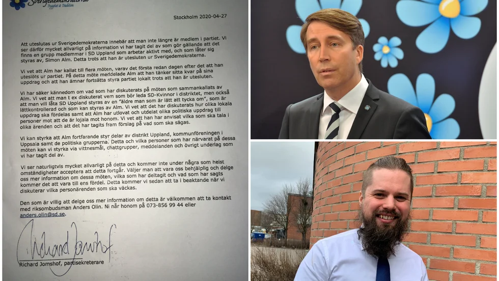 SD:s partisekreterare Richard Jomshof, anklagar i ett brev Simon Alm och en grupp medlemmar för att styra delar av partiet lokalt trots att Alm har uteslutits. 