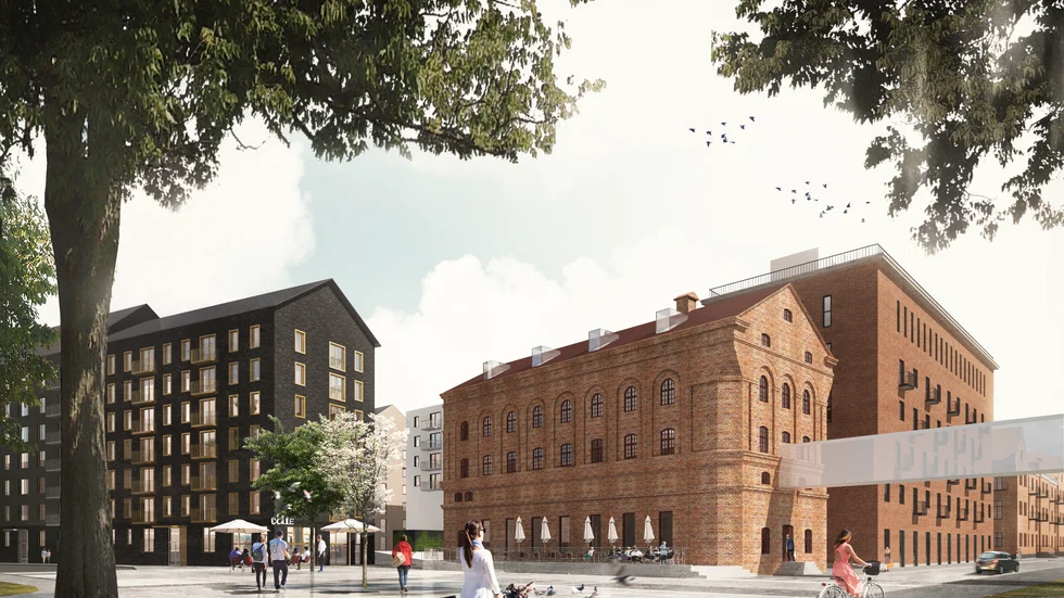 Tegelsilon och kvarnhuset vid Östra Ågatan (t h) byggs om invändigt och får nya bostadshus som grannar, om planerna genomförs. En tänkt gångbro mellan silon och elevatorn vid åkanten (ej i bild) är inlagd på skissen. 