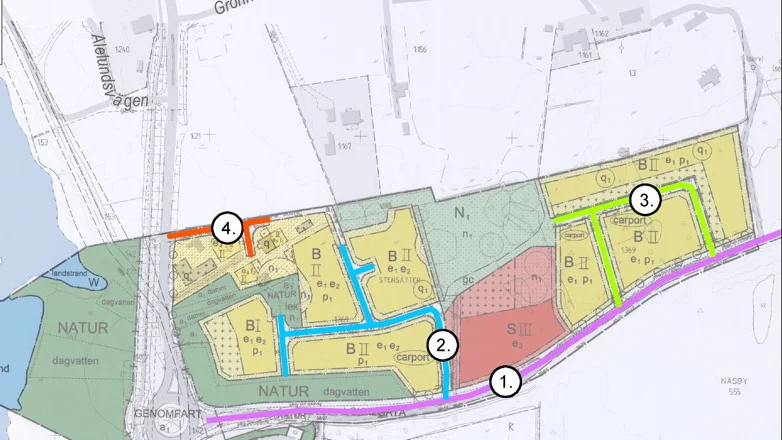 Nya gator i Ekängen, Linköping: 1) Sandängsvägen, 2) Bladvassvägen, 3) Rörvassvägen, 4) Vassvägen.