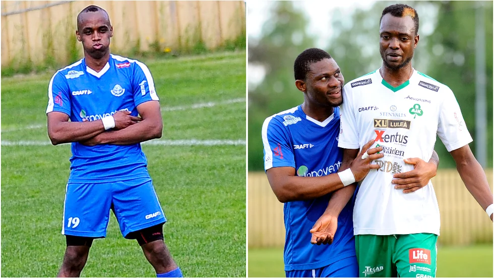 Abshir Gure, till vänster i bild, och Raimi Omoh Sulaimon samt Tosin Abayomi är samtliga tre klara för spel med Kiruna FF kommande säsong. 