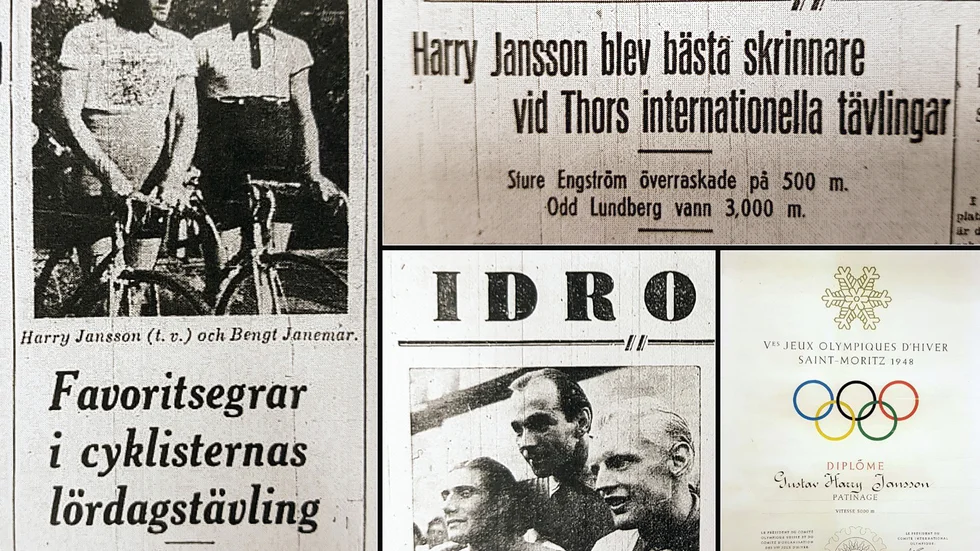 Utdrag från Upsala Nya Tidning. T v från den 23 juli 1945, Uplands DM på cykel. Överst från Thors skridskotävlingar, publicerat i UNT den 19 februari 1946. Nederst i mitten UNT från den 7 augusti 1945 och Fyrishovs lag på cykel med "Spurt-Harry" i mitten på bilden. Sant ett diplom från OS i S:t Moritz 1948.