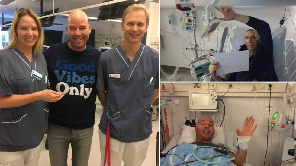 Morgan Segerberg tillsammans med sjukvårdspersonal (till vänster) och Tomas Eich (högst upp) och Morgan (längst ner) i sjuksängen i samband med stamcellstransplantationen som räddade tyske Tomas liv.