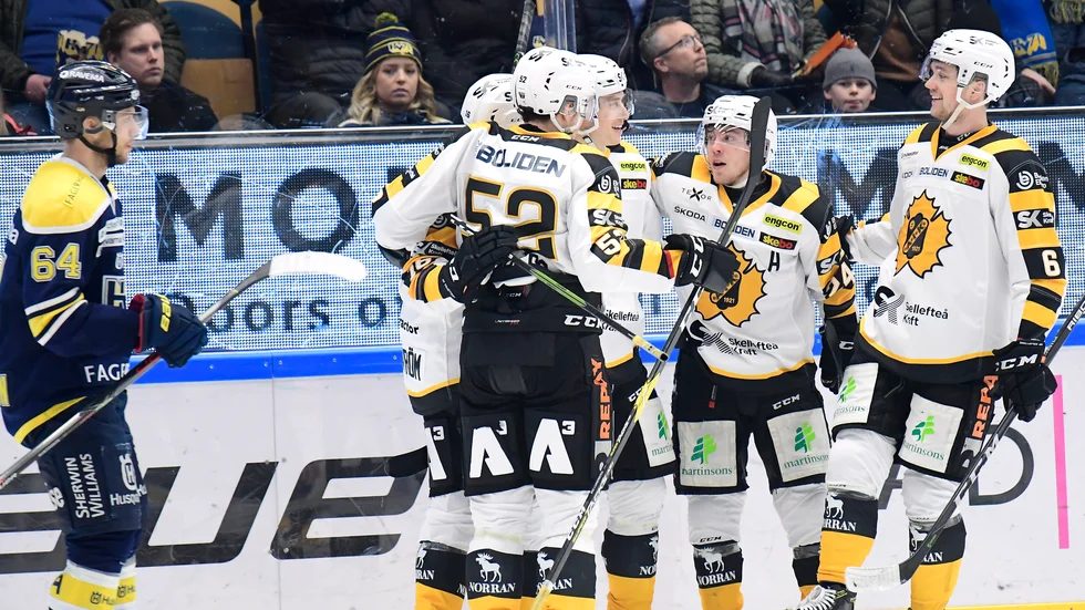 JÖNKÖPING 20200111  Jubel 1-1  Skellefteås Robin Alvarez under lördagens ishockeymatch i SHL mellan HV71 och Skellefteå AIK i Kinnarps Arena. Foto Mikael Fritzon / TT kod 62360