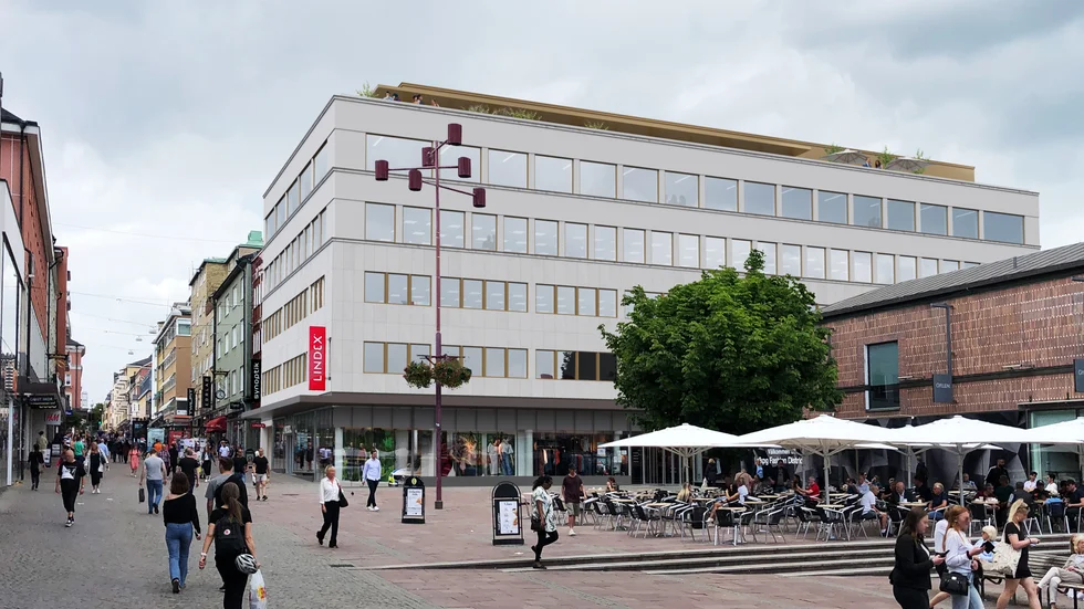 Så här har arkitektfirman tänkt sig att byggnaden vid Lilla torget ska se ut, med sex våningar i stället för dagens tre. 