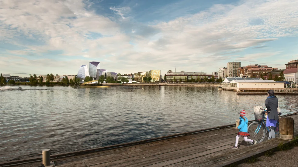Kvarteret Bävern beskrivs som ett guldläge. För att förbinda området med vattnet ioch skapa en övergång över Bodenvägen har arkitekterna planerat för en gångbro som strcäker sig ut som en ögla i Norra hamn. 