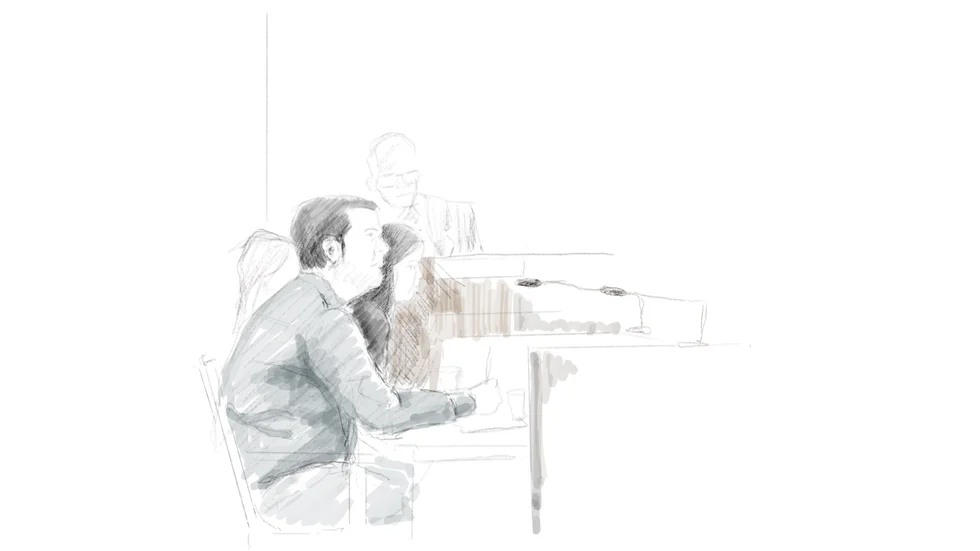Illustration från tingsrättsförhandlingarna mot läkaren.