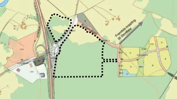 Planerat verksamhetsområde intill E4 i Fullerö. Närmaste granne i öster är hundratals nybyggda bostäder.