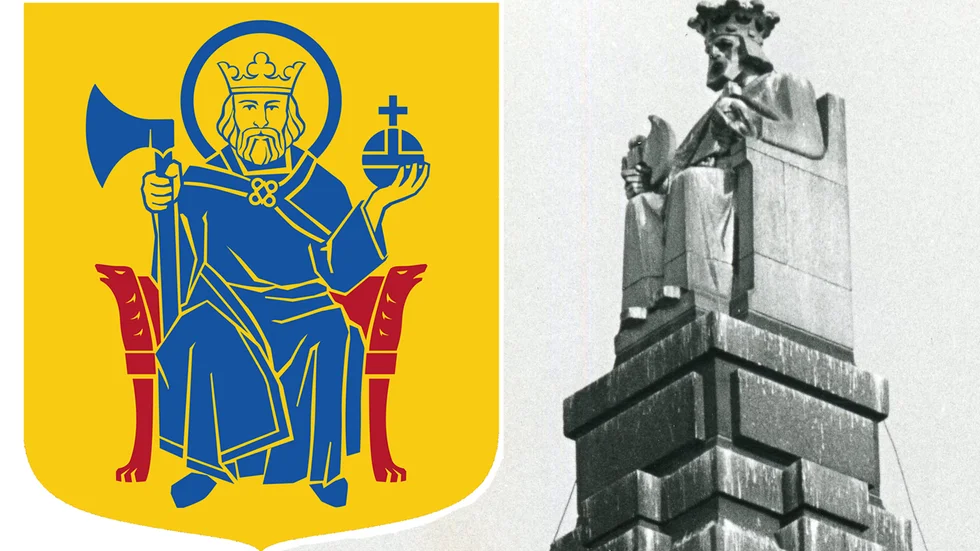 Norrköpings kommunvapen. Målat av Vladimir A. Sagerlund. Riksarkivet (CC BY-SA 3.0); Sankt Olofsstatyn på Norrköpings rådhus. 