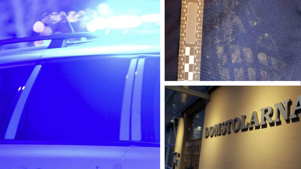 Tre män, 21, 25 och 27 år gamla, har åtalats för grov misshandel. Polisen har bland annat säkrat ett skoavtryck (övre bilden till höger) på brottsoffrets kläder. 