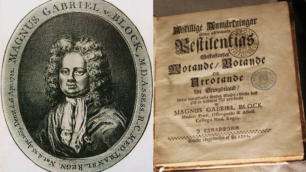 Läkaren Magnus Gabriel Block (gravyr av J. F. Martin) och hans bok om pestutbrottet 1710–1711 