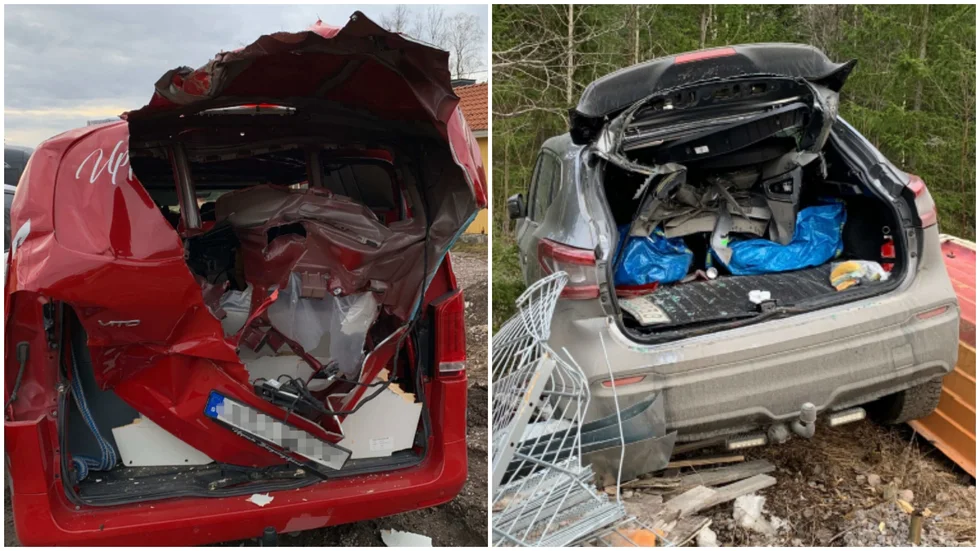 En skåpbil och Kronofogdens tjänstebil rammades av lastmaskinen. Nu döms maskinföraren för grov skadegörelse.  
