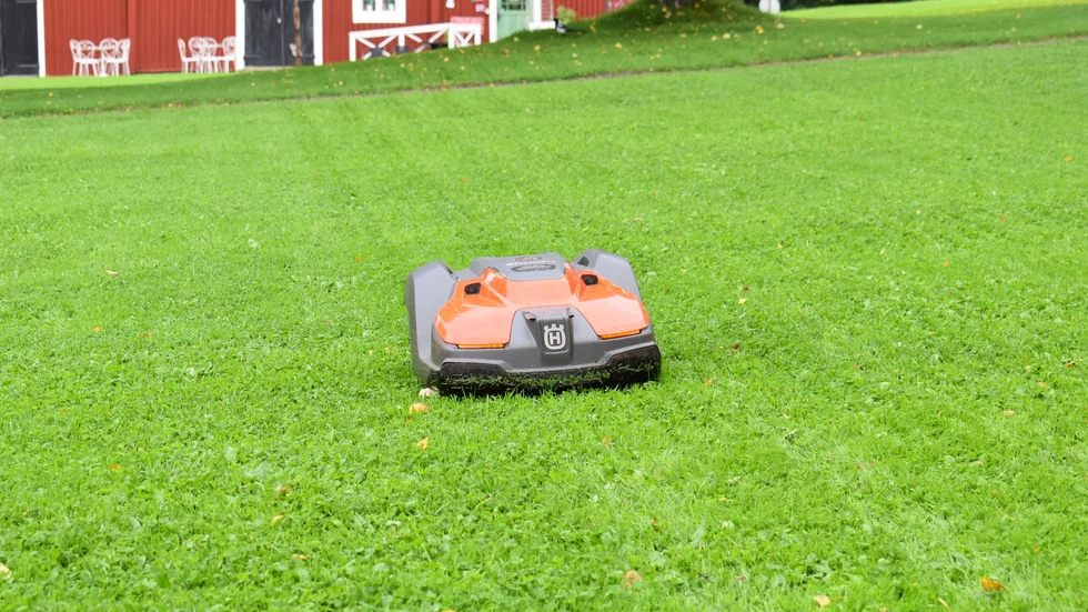 De nya robotgräsklipparna kör i raka rader, vilket är effektivare än att köra kors och tvärs. Gräset klipps trots att det redan är ganska kort, det beror på att klippningen annars kan gå onödigt trögt.  
