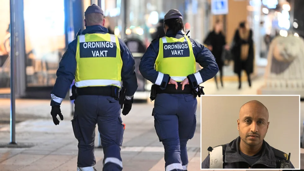 Två ordningsvakter patrullerar i Stockholm. Med den nya lagen får de större befogenheter, men det kanske inte kommer att märkas så mycket i lokalpolisområde Katrineholm. Infällda bilden: polisen David Franzén.