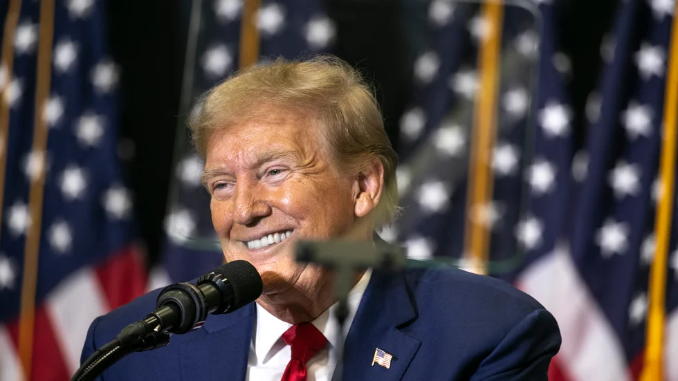 Republikanen och expresidenten Donald Trump, fotograferad vid ett valmöte i Cedar Rapids i Iowa i helgen.