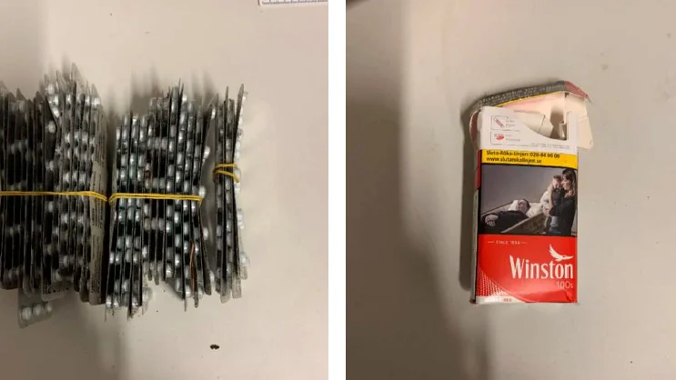 Den 31-årige mannen hade på sig 675 narkotikaklassade tabletter och närmare 75 gram hasch. (Bilderna är hämtade ur förundersökningen.) 