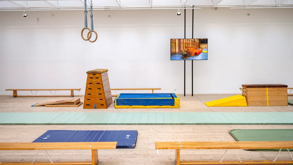Verket "Paddan" är en video inspelad i en gymnastiksal. På plats i konsthallen ges också performanceverket "Redskapsgymnastik" i november.