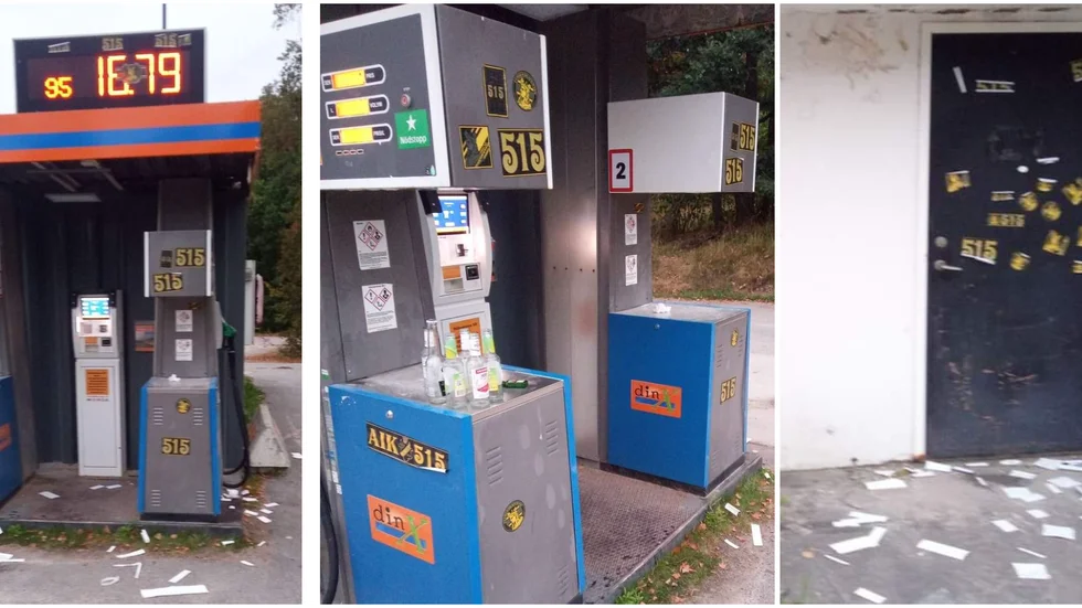 Bensinstationen är förstörd, bland annat av mängder av klistermärken.