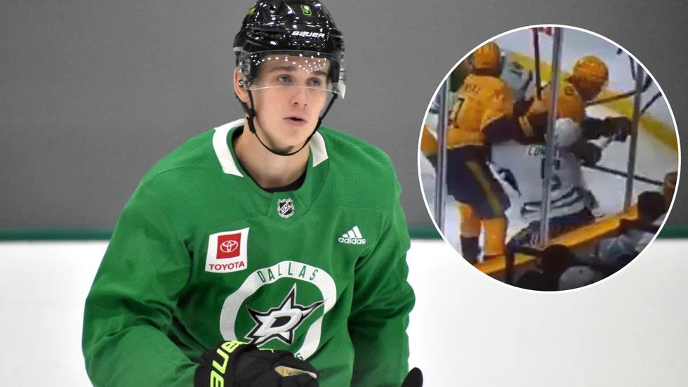 Förra säsongen tacklades Nils Lundkvist av Jeremy Lauzon på det här sättet och åkte på en hjärnskakning. Nu tog Piteåsonen och hans Dallas revansch genom att besegra Nashville på bortais. (Arkivbild)