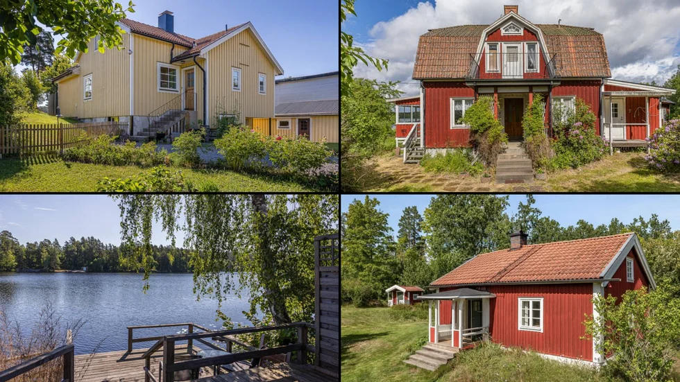 Till vänster. Det gula huset blev förra veckans mest visade hus på Hemnet. På nedre bilden syns sjöutsikten från huset. Till höger huset i Stenserum och torpet i Falsterbo