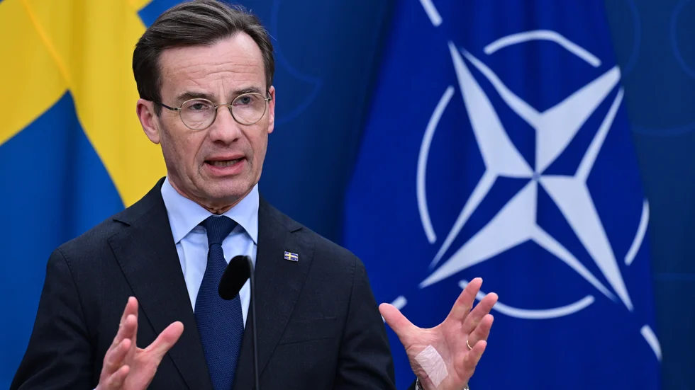 Statsminister Ulf Kristersson under fredagens pressträff om säkerhetsläget efter regeringens möte med partiledarna.
