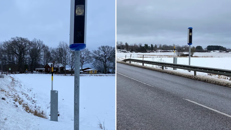 Två av de tre fartkameror som hittills kommit upp på väg 977 mellan Malmby och Stallarholmen.