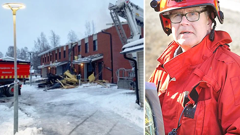 Så här såg det brandhärjade flerfamiljshuset ut på fredagsmorgonen. Bilden på insatsledare Åke Dahlqvist är tagen under en annan räddningsinsats.