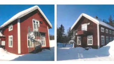 Byggnaden, sedd från två olika vinklar. 