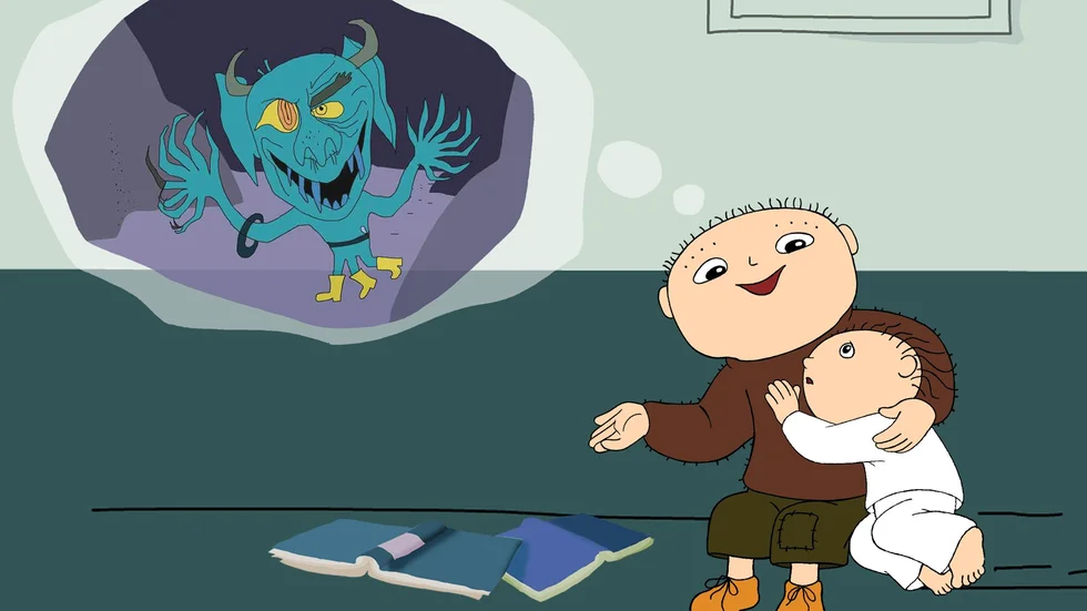 Sagor. Alfons berättar om monster för Småtting när han sitter barnvakt.