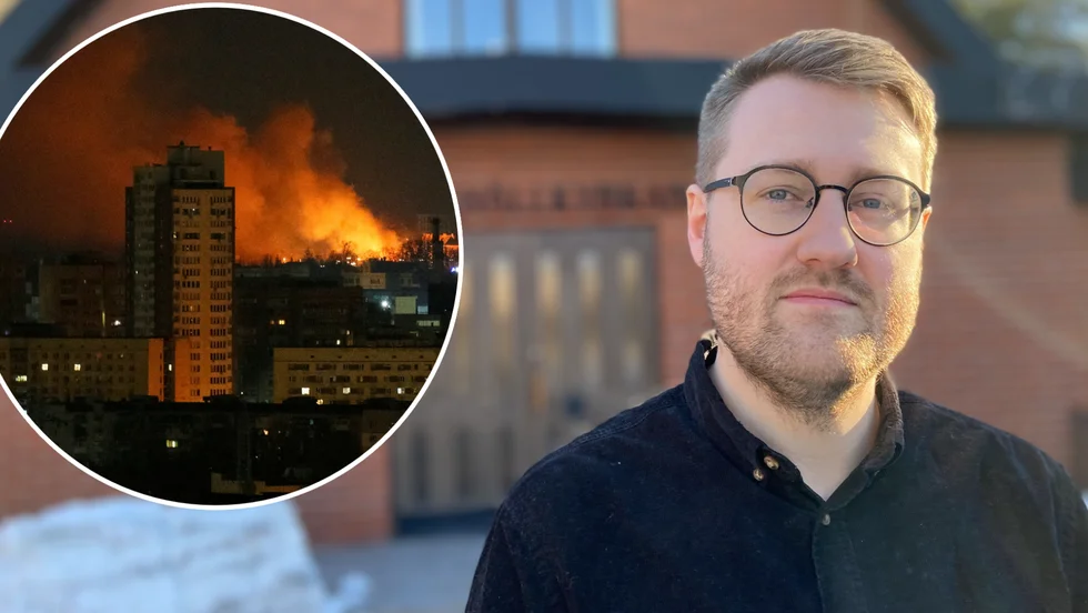 Simon Alander, pastor på Olivehällkyrkan, ser samarbetet mellan kyrkor i olika länder som en styrka. Den infällda bilden visar Kiev i brand efter Rysslands anfall.