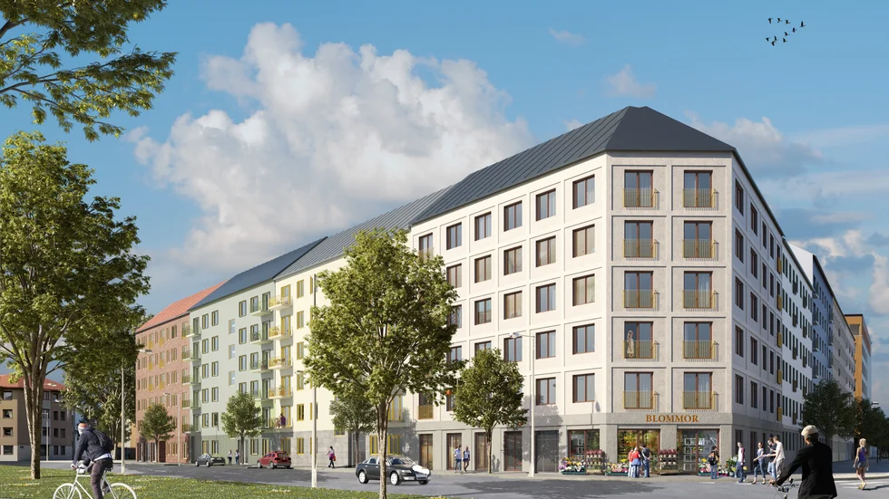 Tänkbar utformning av nytt bostadshus längs Östra Ågatan, mot korsningen med Strandbodgatan. Vy från Fyrisån. 