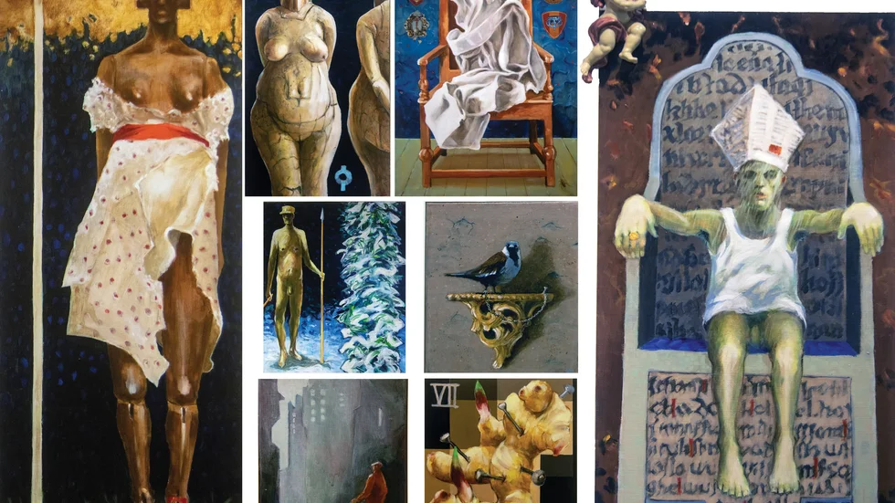 Några bilder från Bertil Sundstedts utställning i Kalix konsthall. Längst till vänster: ”Europa och tjuren”, övre till vänster: ”Venus från Voodas”, övre till höger: ”Epitaf”, mellan till vänster: ”Vit massai med assegaj”, mellan till höger: ”Tänka rätt är stort. Tänka fritt är större”, nedre vänster: ”Flanör”, nedre höger: ”Woodooish” och längst till höger: ”Påven och ängeln”.  