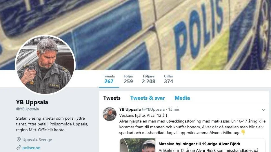 På sitt twitterkonto @YBUppsala hyllar Uppsalapolisen Alvar Björks agerande.