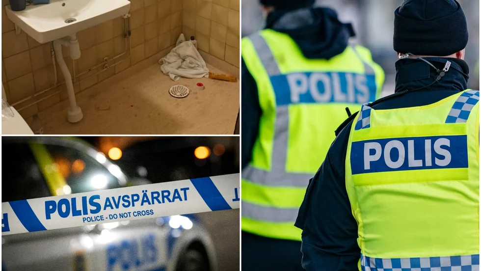 Den skadade mannen återfanns i badrummet (bilden ovan till vänster).