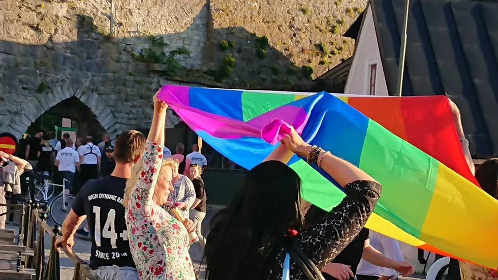 Södertorg i Visby onsdag kväll den 4 juli bara sekunder innan nazisterna anföll de två kvinnorna med regnbågsflaggan.