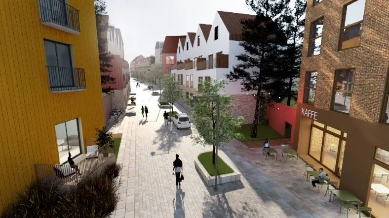 Denna visionsbild är framtagen av arkitektfirman för att visa skala, hushöjder, gatubredd med mera.  Slutresultatet kan dock variera.