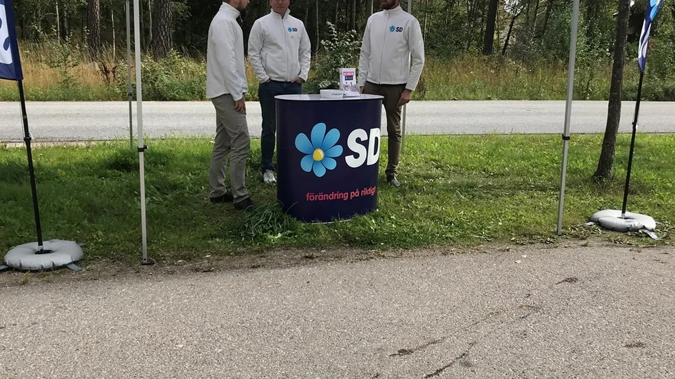 Sverigedemokraterna Simon Alm, David Perez och Martin Wahlsten var på plats i Stenhagen under lördagen.