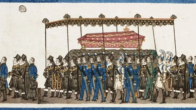 Många sörjande. Karl XIV Johans begravningståg 1844 finns avbildat på en tryckt tygbonad.  Framför liket bärs den svenska kronan på sin kudde.