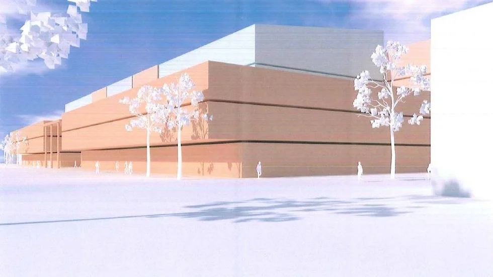 Så här kan D-huset på Luleå tekniska universitet komma att se ut, vy österut längs Regnbågsallén.