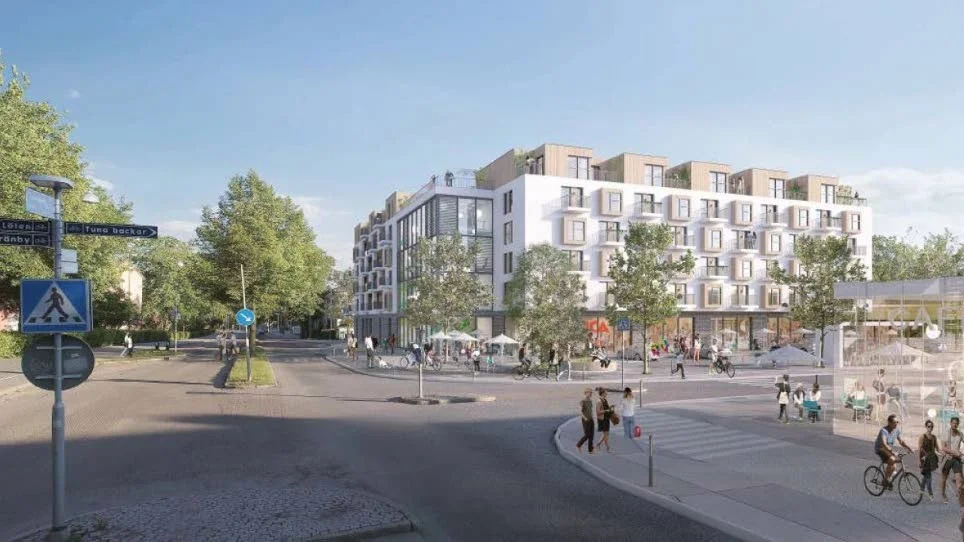 Byggplaner vid Torbjörns torg.  Exakt utseende bestäms senare. Vy från Svartbäcksgatan söderut.